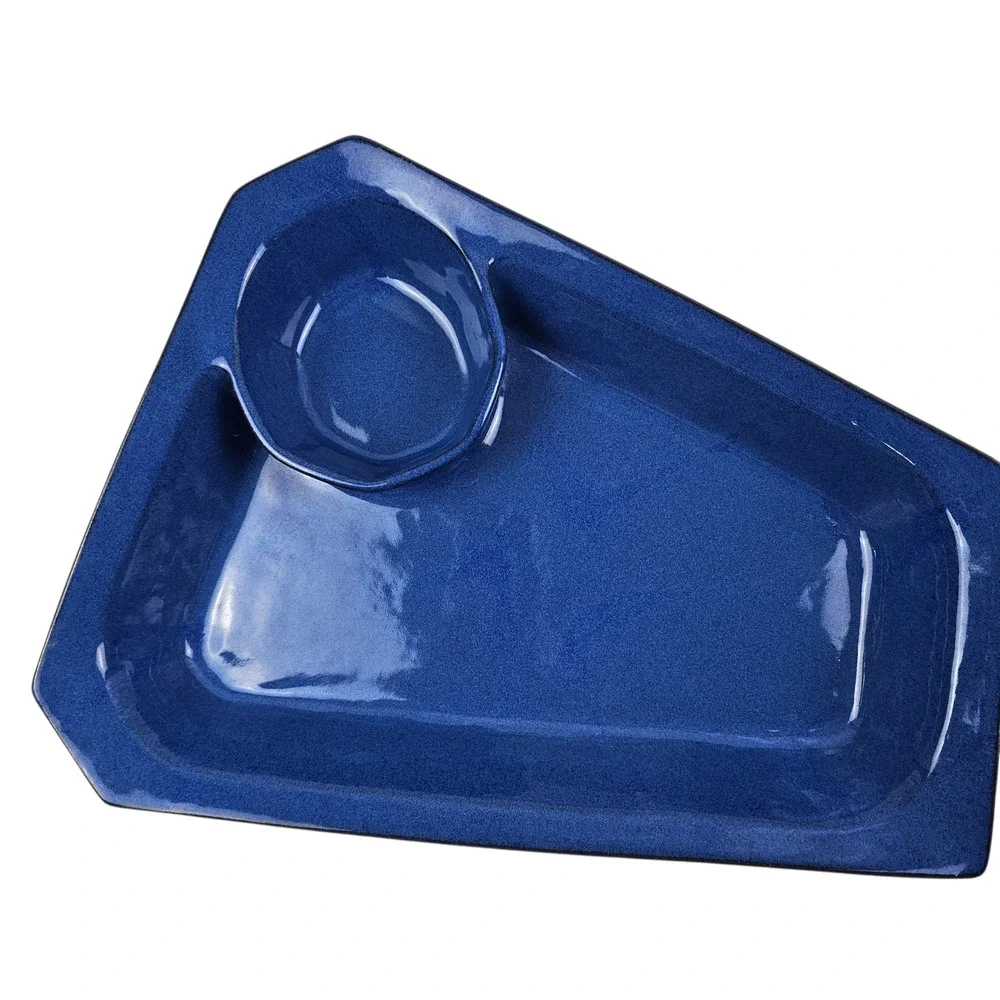Studio Pottery Cobalt Blue Asymmetrical Chip and Dip Platter Artist Signed AG